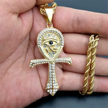 Egiptean Ochiul lui Horus Ankh Cruce Coliere Pandantiv Cu Lanț de Frânghie de Aur din Oțel Inoxidabil de Culoare Stras Bijuterii Hip Hop