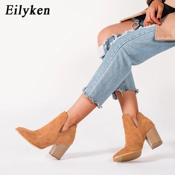 Eilyken Femei Designer de Glezna Cizme Elegante Scăzut Tocuri de 8 cm cu Fermoar Scurt, Calitate Cizme Pantofi MĂRIMEA 36-43