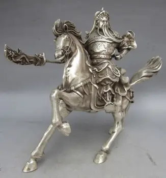 Elaborarea Chinezesc de Colectie Argint Tibetan Războinic Dumnezeu Guan Yu, Călare pe Calul Statuie