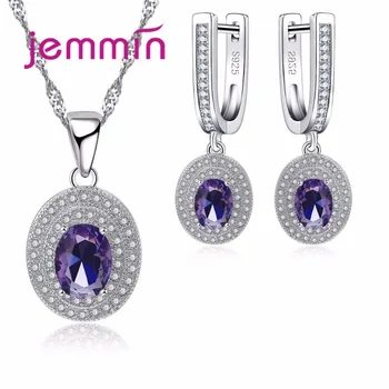 Elegant Argint 925 Seturi De Bijuterii Pentru Femei Cadou Cu Cristal Violet Închis Nunta Nupțial Colier Cu Pandantive Și Cercei Set