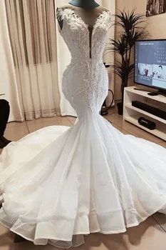 Elegant Dantela de Mireasa Sirena, Rochii 2020 Pur Gât fără Mâneci Fermoar Spate Puffy Tiv Rochii de Mireasa vestido de noiva