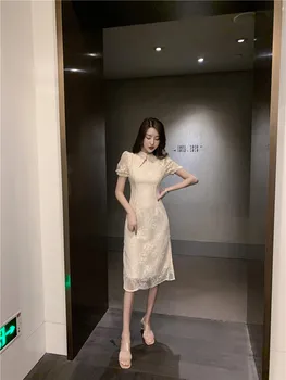 Elegant Dantela Rochie de Vara pentru Femeie Retro Stil Chinezesc Mult Îmbunătățit Cheongsam cu mânecă Scurtă, Guler Mandarin Clubwear Rochie Midi