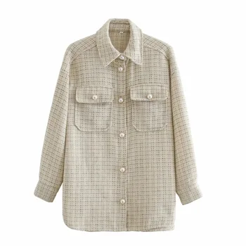 Elegant Lână Carouri Camasa Bluza Maneca Lunga Supradimensionate Verificat Jacheta Streetwear Toamna 2020 Moda Perla Butoane Palton