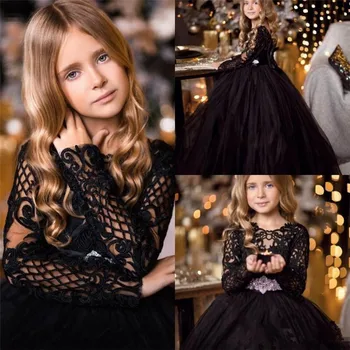 Elegant Negru Rochii Fete Cu Flori Pentru Nunti Tul Rochie De Bal Mâneci Lungi Tul Prima Împărtășanie Rochii Pentru Fetițe