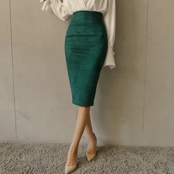 Elegant OL Style 2 Buc Set V-neck Bluza Alba & Talie Mare de piele de Căprioară Hip Pachet Fusta 2018 Toamna Birou Doamnelor Femei Set