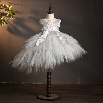 Elegant Swan Cristal Tul Fata Rochie de Flori pentru Nunta Copii Concurs de Seara, Rochie de Petrecere Pene Dantelă Rochii de Printesa
