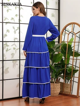 Elegant Șifon Maxi Rochie pentru Femei Toamna anului 2020 Moda Culoare de Contrast Trim Stratificat O Gatului Maneca Lunga arabă Musulmană Haine