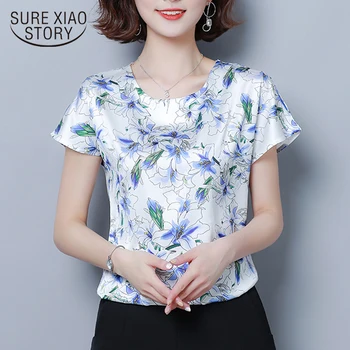 Elegante Femei Florale Imprimare De Mătase Plus Dimensiune Bluza De Vară 2021 Coreean Liber Maneca Scurta Guler Rotund Casual Femei Topuri 9373 50