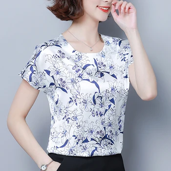 Elegante Femei Florale Imprimare De Mătase Plus Dimensiune Bluza De Vară 2021 Coreean Liber Maneca Scurta Guler Rotund Casual Femei Topuri 9373 50