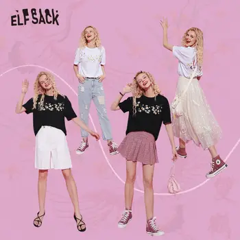 ELFSACK Floral Negru Macara Broderie Casual T-Shirt Femei de Vară 2020 ELF Alb cu Maneci Scurte Stil coreean Doamnelor de zi cu Zi Topuri