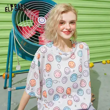 ELFSACK Harajuku Zâmbet Print Casual Plasă T-Shirt Femei de Vară 2020 ELF Maneci Scurte-coreean Ladeis de zi cu Zi Topuri Drăguț