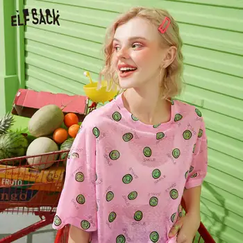 ELFSACK Harajuku Zâmbet Print Casual Plasă T-Shirt Femei de Vară 2020 ELF Maneci Scurte-coreean Ladeis de zi cu Zi Topuri Drăguț