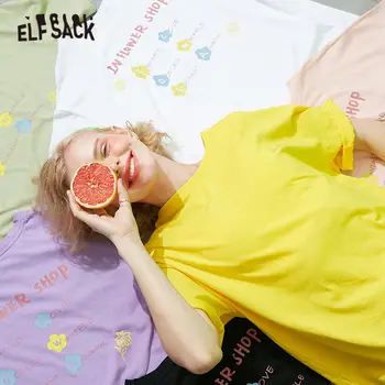 ELFSACK Harajuku Înghețată de Culoare de Imprimare Florale Casual Femei Oversize T-Shirt de Vară 2020 ELF Scrisoare coreean Ladeis Bază de zi cu Zi Tee