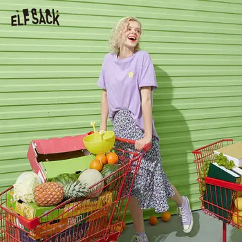 ELFSACK Harajuku Înghețată de Culoare de Imprimare Florale Casual Femei Oversize T-Shirt de Vară 2020 ELF Scrisoare coreean Ladeis Bază de zi cu Zi Tee
