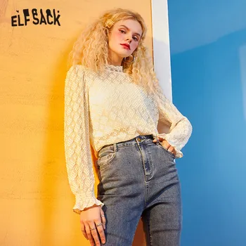 ELFSACK Solid Pur Contrast Dantela Casual Plasă Bluza Femei 2021 Primăvară ELF Epocă Complet Maneca Vedea Prin Doamnelor Bază de zi cu Zi Top