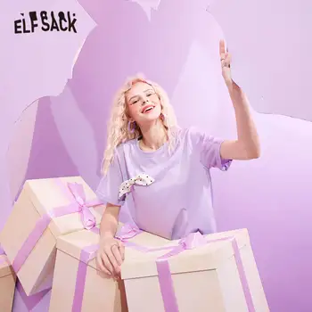 ELFSACK Violet Solid Minimalist Arc Fata Casual T-Shirt Femei de Vară 2020 ELF Pur Maneci Scurte-coreean Ladeis Bază de zi cu Zi Tees