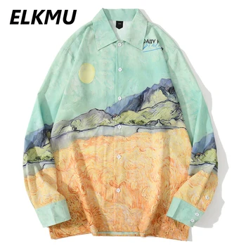 ELKMU Peisaj Imprimare Tricou Maneca Lunga Barbati Hawaiian Beach Tricouri Streetwear Moda Harajuku Butonul Bluza de Vacanță Topuri HE262