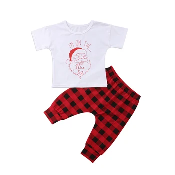 Emmababy Toddler Copii Băieți Fete Crăciun de Moda 2 BUC Haine Alb cu Maneci Scurte Topuri+Pantaloni Carouri 6M-5 ANI