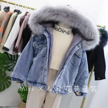En-gros 2019 iarna fete denim gros jachete de blană de Iepure, plus haine de catifea copilul îmbrăcăminte exterioară cald Modis Jacheta copii Y2101