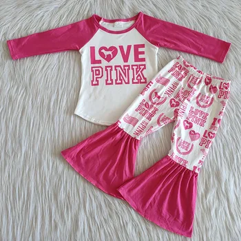 En-gros de copii pentru copii fete dragoste de tip boutique, de Îmbrăcăminte seturi de Copii cu maneca lunga roz-clopot fund pantaloni de costum la modă haine