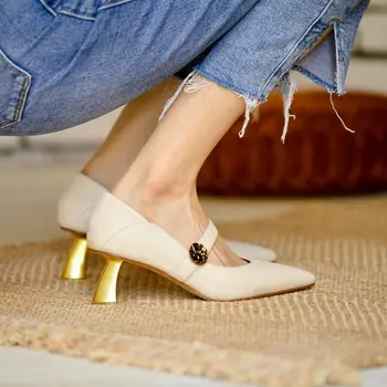 EOEODOIT Femei din Piele, Pantofi cu Toc de Aur Tocuri inalte Pantofi Mary Janes a Subliniat Toe Doamnă Birou de Lucru OL Pompe Superficial Pantofi de 6 CM