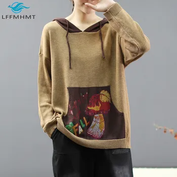 Epocă Pulover Tricotat Pentru Femei De Desene Animate De Imprimare Mozaic Hoodie Lungă Maneca Tricotaje Lejere Casual Stil Coreean Birou De Top Lady