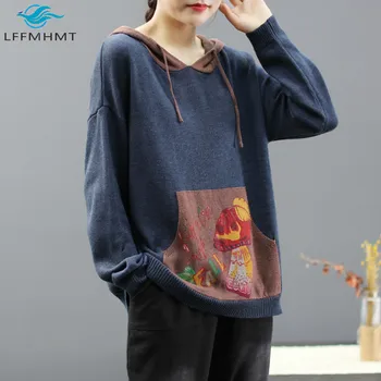 Epocă Pulover Tricotat Pentru Femei De Desene Animate De Imprimare Mozaic Hoodie Lungă Maneca Tricotaje Lejere Casual Stil Coreean Birou De Top Lady