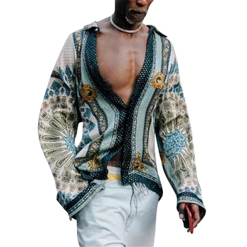 Etnice Africane Dashiki Camasa Barbat cu Maneca Lunga Casual de Vara Tendință de Moda V-Gât Adânc Imprimate de sex Masculin Bazin Riche T-shirt