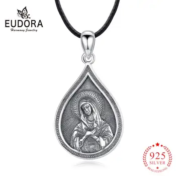 EUDORA Argint 925 Vintage Ortodoxă a maicii Domnului ELEUSA Pandantiv Colier cu Ceara Coarda din Piele / Link-ul Lanț de Bijuterii Fine F4