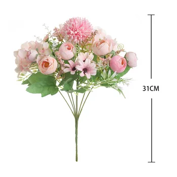 Europene Fals Floare Trandafir Bujor Mici buchete, Decor Acasă Artificiale Flori de Nunta Hortensie Pompom Culoare Faux Flori