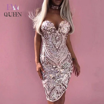 EvaQueen Elegant Rochie De Vara Femei Sexy Slim Bodycon Alb Rochie De Partid De Sex Feminin V Gât Club Mini Rochie Cu Paiete 2019 Vestidos
