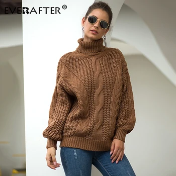 EVERAFTER Guler solidă pulover tricotate femei pulover cu dungi loose toamna iarna 2019 doamna gros pulover casual trage femme