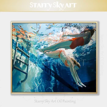 Excelent Artist Pure de Mână-pictat de Înaltă Calitate, Frumoasă Doamnă Înot Pictura in Ulei pe Panza de Artă plastică Înotător Pictură în Ulei