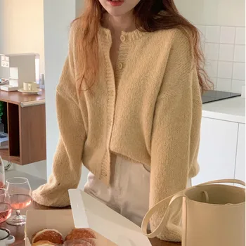 Ezgaga Stil Preppy Licitație Tricotate Cardigan Femei Coreene Chic, O-Neck Solid Galben 2020 Toamna Liber Doamnelor Pulover Casual Topuri