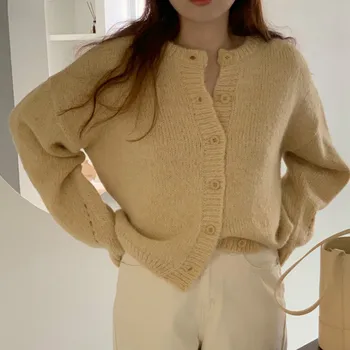 Ezgaga Stil Preppy Licitație Tricotate Cardigan Femei Coreene Chic, O-Neck Solid Galben 2020 Toamna Liber Doamnelor Pulover Casual Topuri