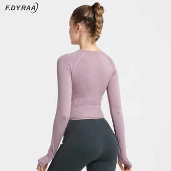 F. DYRAA Sport Crop Top Sexy Yoga Top Lombare Femei Fitness Sport Solid Degetul mare Gaura Strâmtă a Culturilor Topuri Antrenament Camasi cu Maneca Lunga