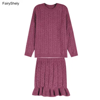 FairyShely coreean Pulover Lung Fusta Mini Femei Costum 2020 Toamna Iarna Cald Volane pulover Pulover tricotate Fusta 2 Bucata Set