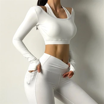 Fals Două Topuri de Sport Femei Culturilor Sus Uscare Rapidă Strâns cu Maneca Lunga-Yoga T-shirt de Funcționare de Formare de Fitness Imbracaminte Casual