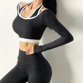 Fals Două Topuri de Sport Femei Culturilor Sus Uscare Rapidă Strâns cu Maneca Lunga-Yoga T-shirt de Funcționare de Formare de Fitness Imbracaminte Casual