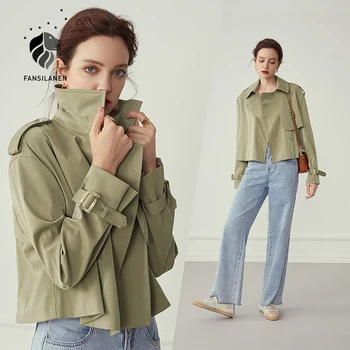 FANSILANEN Luminoase casual verde scurta trench pentru Femei jacheta de toamna iarna haina sacou Negru de sex feminin streetwear trenci ofițeresc