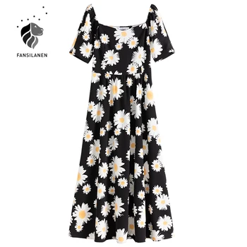 FANSILANEN print Floral vintage rochie lunga pentru Femei de vară manșon de puf negru elegant rochie maxi de Plaja boho retro rochii doamnelor