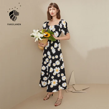 FANSILANEN print Floral vintage rochie lunga pentru Femei de vară manșon de puf negru elegant rochie maxi de Plaja boho retro rochii doamnelor