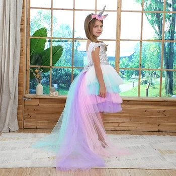 Fantasia Înger Fete Unicorn Dress Fată De Lux Little Pony Rainbow Tul Niveluri De Craciun Petrecere De Aniversare Pentru Copii De Coada Calului Rochie
