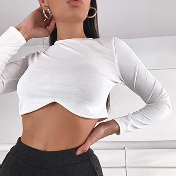 FANTOYE Alb cu Maneci Lungi de Bază T-shirt Femei de Moda Toamna cu Nervuri Bodycon Topuri de Cultură Solid O Scurtă Gât Teuri Streetwear 2020