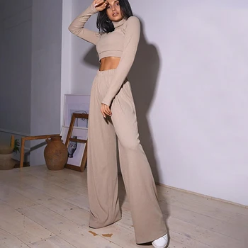 FASHSTREET Moda Guler Pantaloni Largi Picior Două Bucata Set pentru Femei Tricotate Mâneci Lungi Culturilor Sus de Talie Mare Pantaloni Skinny Potrivi