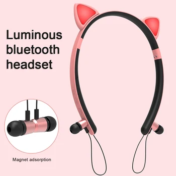Fata De Banda De Păr De Pisică Ureche Căști Fără Fir Bluetooth Magnetic Agățat De Gât Luminos Cască Stereo Surround Sunet Hifi De Calitate