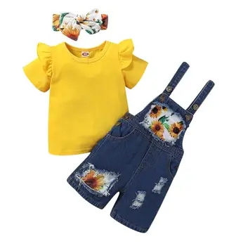 Fata de Copii Clothers Potrivi Culoare Solidă Scurt Zbura Sleeve T-shirt cu Floarea-soarelui Tipărite Suspensor Blugi Bentita Copii Îmbrăcăminte