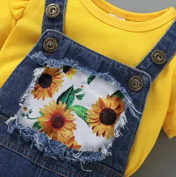 Fata de Copii Clothers Potrivi Culoare Solidă Scurt Zbura Sleeve T-shirt cu Floarea-soarelui Tipărite Suspensor Blugi Bentita Copii Îmbrăcăminte