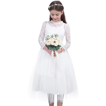 Fata Rochie de flori Cu Mâneci Lungi Drăguț Dantelă Albă pentru Nunti Copiii de Bal Rochie de Fete Printesa Prima Împărtășanie Rochii de Petrecere