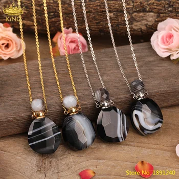 Fațete Naturala Negru Agate Stone Sticla De Parfum Pandantiv Pentru Femei De Aur Piatră De Onix Ulei Esențial Difuzor Colier Bijuterii